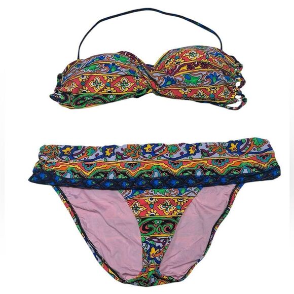 Nanette Lepore Strapless Bikini Boho Multicolor Paisley Print Halter Swimsuit - Picture 2 of 11